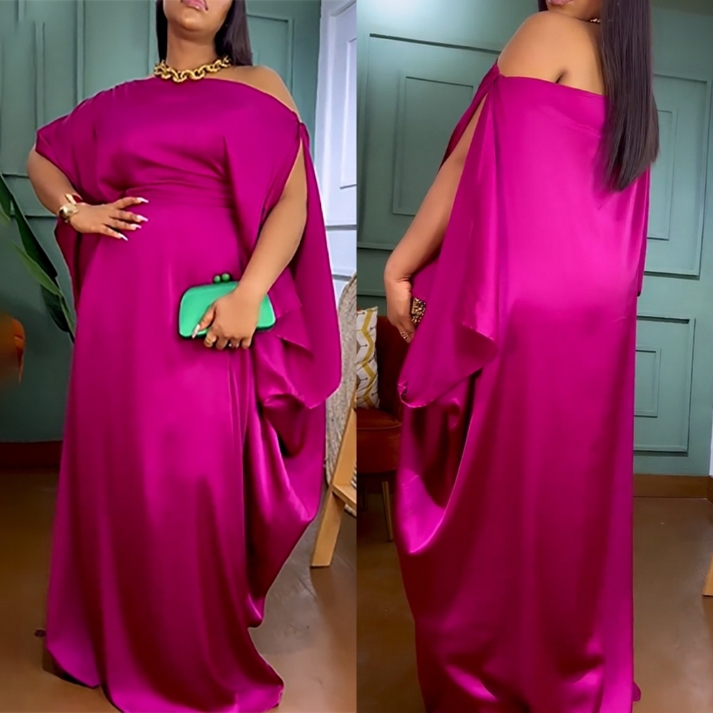 Plus Size Semi Formal Dress Magenta Solid One Shoulder Split Sleeve Maxi Dress